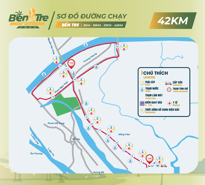Sơ đồ đường chạy 42kmcủa giải Bến Tre Marathon 2022