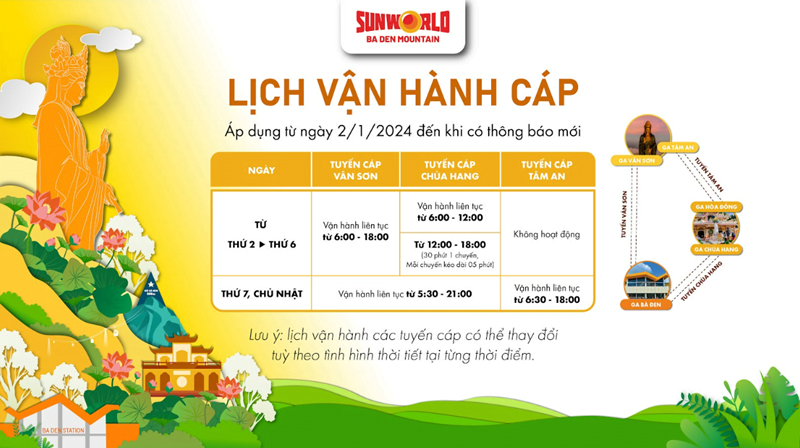 Lịch vận hành cáp treo núi Bà Đen 2024 (Áp dụng từ 02.01.2024 đến khi có thông báo mới)